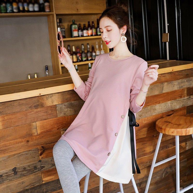 Maternity Clothes Long Sleeve Dress Mid-length Loose Plus Size Round Neck Skirt Buttons Ribbon