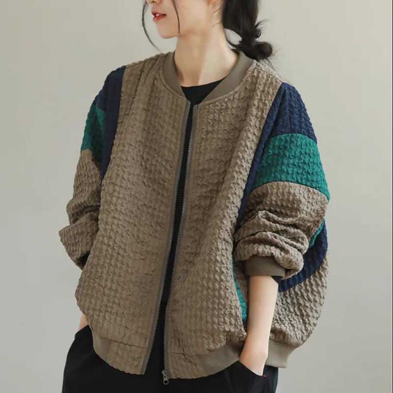 Loose Plus Size Jacket Women Stitching Contrast Color Plus Size Casual Long-sleeved Top Coat