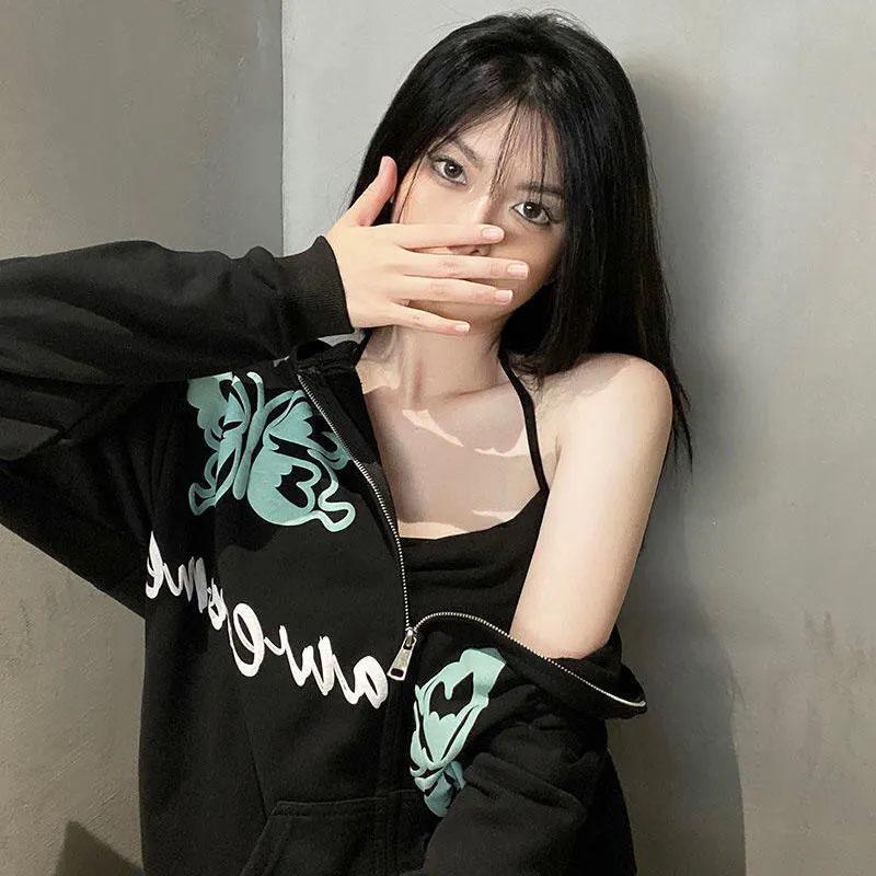 Women's Oversize Hooded Sweater Spring and Autumn Thin Section High Street Casual Cardigan Coat Girls Personality Butterfly Print Jacket