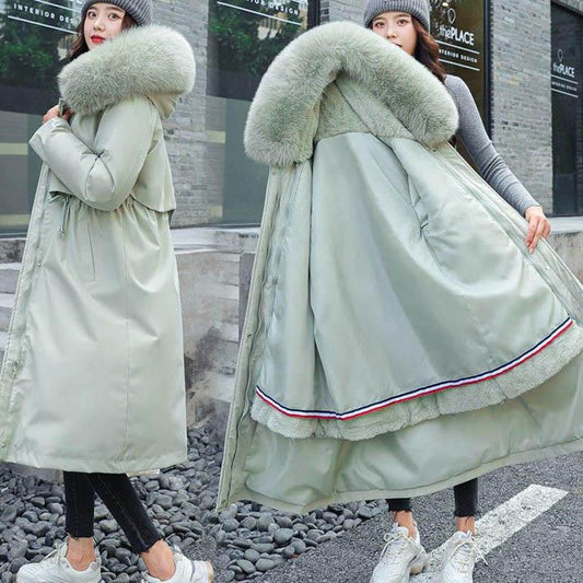 Detachable Overcoming Women's Mid-length Over-the-knee Large Fur Collar Slim-fitting Plus Velvet Padded Coat Loose One-coat Three-wear