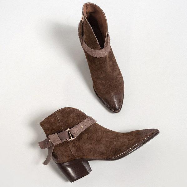 Vintage Pointed Suede Boots British Style Soft Chelsea Boots Thick Heel Plus Velvet Ankle Boots