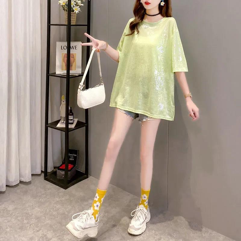 Ice Silk Loose Short-sleeved T-shirt Printing Glittering Half-sleeved Top Women Loose Round Neck Casual Pullover T-shirt Women