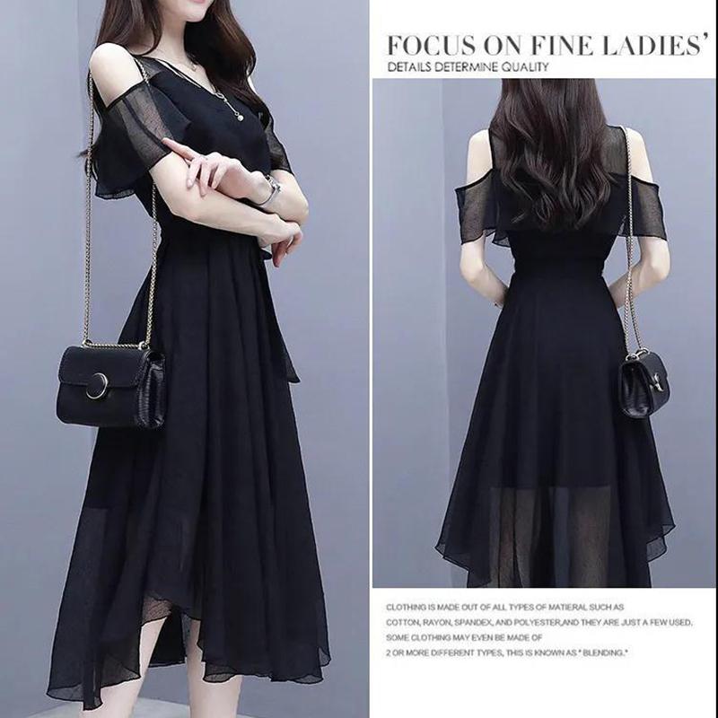 Black Dress Female Summer Mid-length Section Was Thin Chiffon Slim Temperament Off-shoulder Dress A-line Version Skirt Waist Was Thin