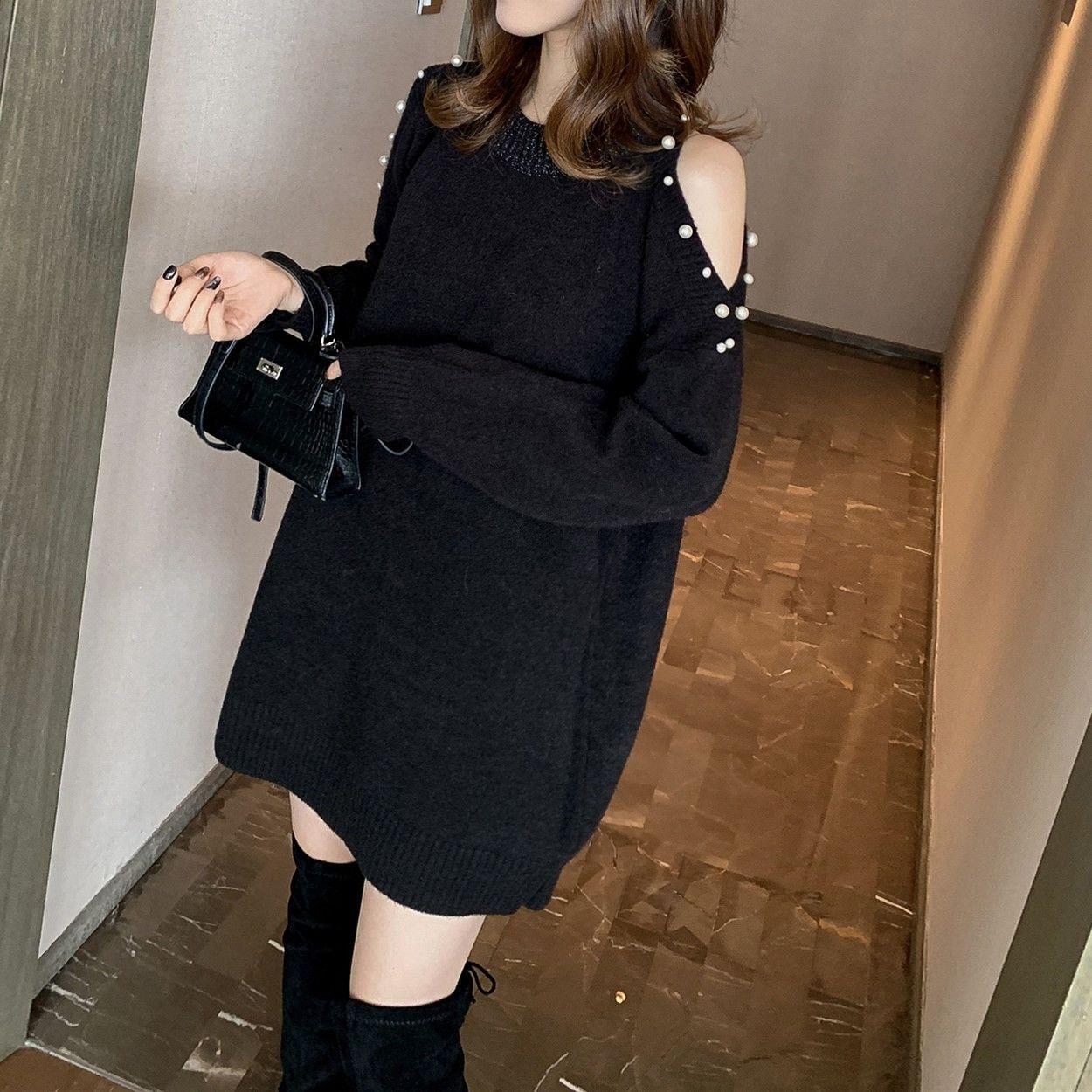 Autumn Loose One-piece Bodysuit Dress Design Sense Beading Strapless Sexy Sweater Pullover Round Neck Long-sleeved Jacket Mid-length Sweater Top