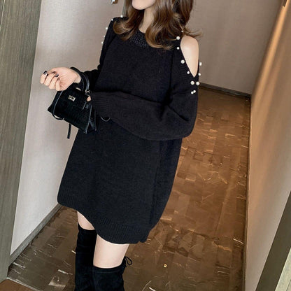 Autumn Loose One-piece Bodysuit Dress Design Sense Beading Strapless Sexy Sweater Pullover Round Neck Long-sleeved Jacket Mid-length Sweater Top