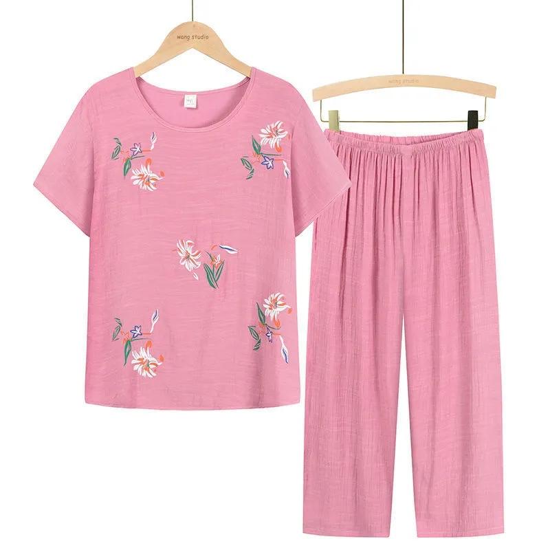 Women Clothes Summer Cotton and Linen Homewear Set Short Sleeve Floral Print T-shirt Pants Loose Two Pieces Set Outfit for Middle-aged Large Size