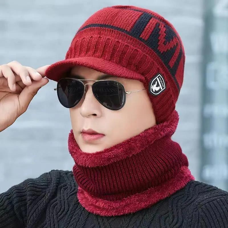 Winter Men's Hats and Collars Fashion Korean Letters Printed Knitted Hats Cold-proof Ear Protection Plus Fluffy Line Caps