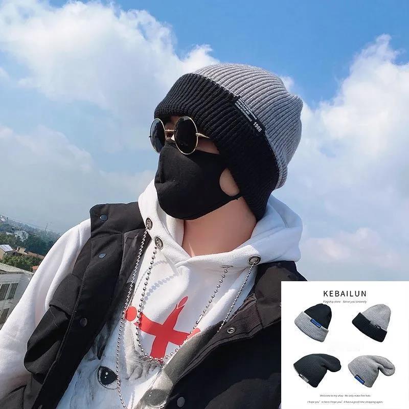 Double-sided Woolen Hat Men's Winter Thickened Warm Knitted Hat Korean Fashion Labeling Big Head Hooded Knitted Hat