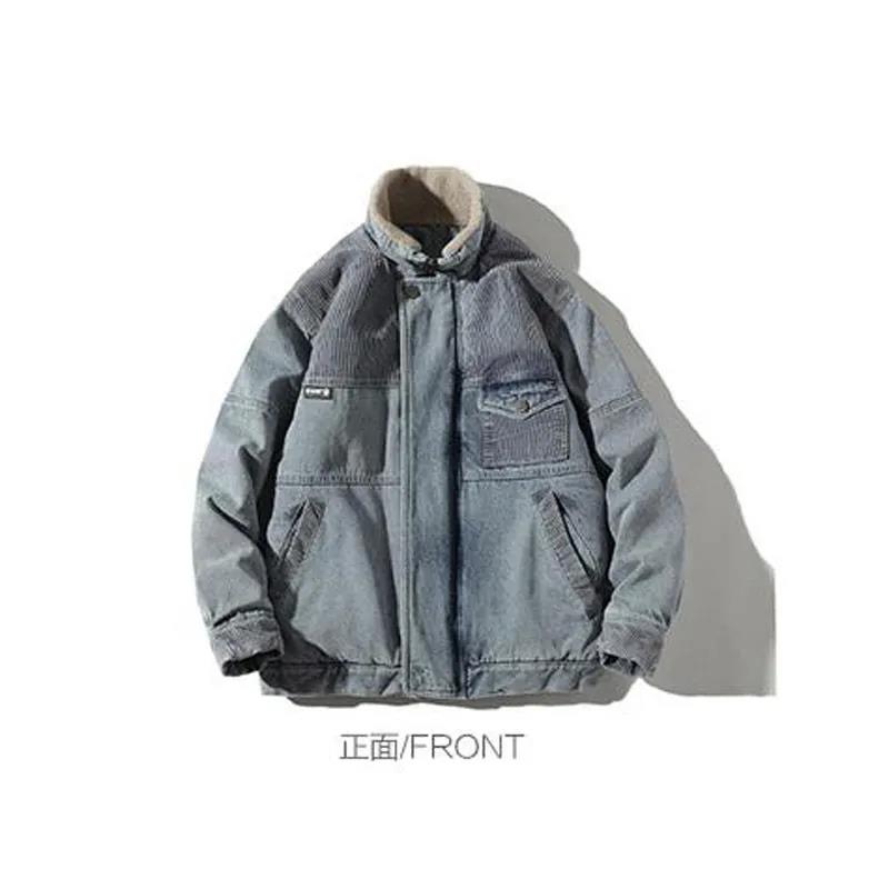 Winter Tide Brand Lamb Velvet Stand-collar Denim Cotton Jacket Men's Loose Thick Casual Couple Retro Tooling Cotton Jacket
