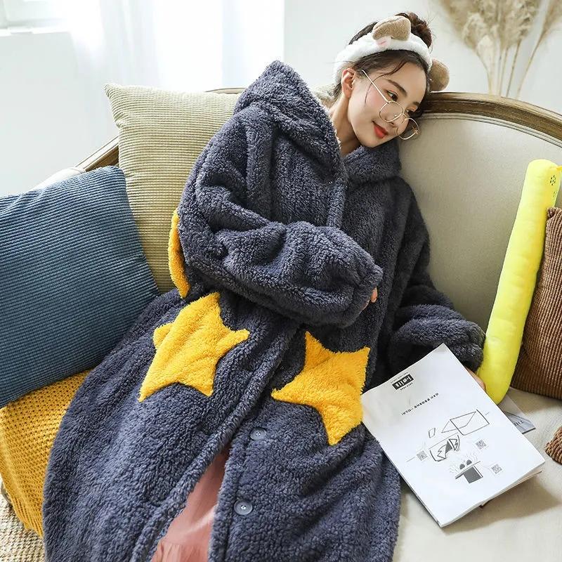 Women Pajamas Autumn Winter Long Thick Velvet Coral Fleece Flannel Sleepwear Warm Cute Nightgown Bathrobe Hooded Home Wear Long Sleeve Casual Loose