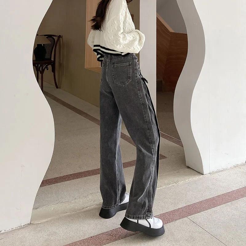 Women's Jeans Loose Wide Legs Straight Smoke Grey Pants High Waist Thin Strap Personality Jeans Punk Style Trousers