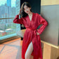 Women's Autumn and Winter Solid Color Ice Silk Bathrobe Robe Large Size Long-sleeved Pajamas Robes High Quality Home Wear Bandaged Belt Dress