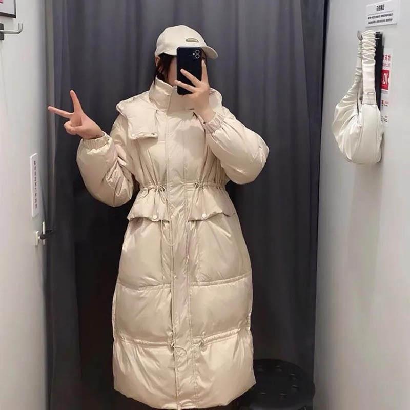 Women's Down Jacket Over-the-knee White Duck Down Mid-length Padded Waist Hooded Jacket