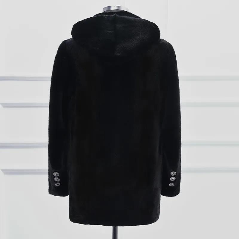 Mink Whole Mink Leather Coat Men's Lapel Mid-length Button and Hooded Fur Coat