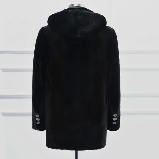 Mink Whole Mink Leather Coat Men's Lapel Mid-length Button and Hooded Fur Coat