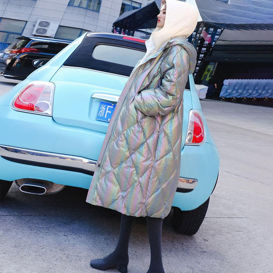 Women's Down Jacket Fake Colorful Disposable Shiny Hooded Over-the-knee Long Coat
