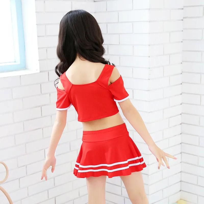 Girls Sports Swimwear Off-the-shoulder Pleated Skirt Separate Swimsuit Summer Kids Girls Beachwear Bathing Suit Bikini Dress Set