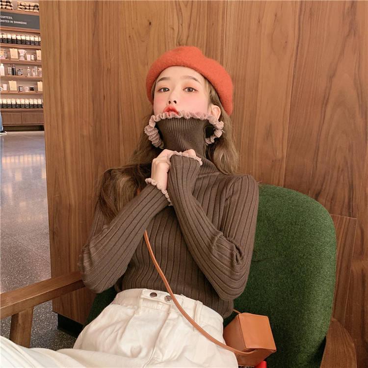 Pofulove retro pullover sweater color matching turtleneck thick warm long-sleeved sweater women