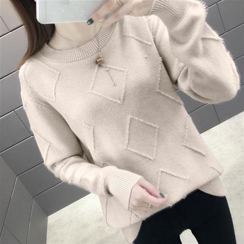 Warm O-neck Sweater Solid Color Rhombus Sweater Knitted Plain Sweater Women Knitwear Purple Sweater