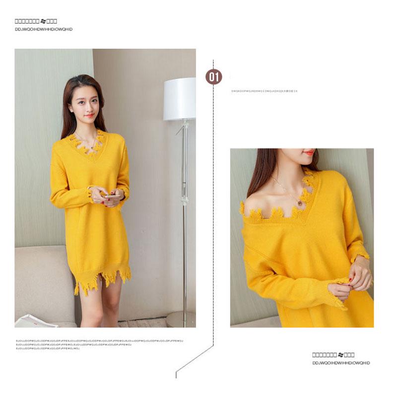 Autumn  Winter Women's Mid-length Sweater Ripped Tassel Sweater Casual Loose Knit Sweater Dress Outer Wear