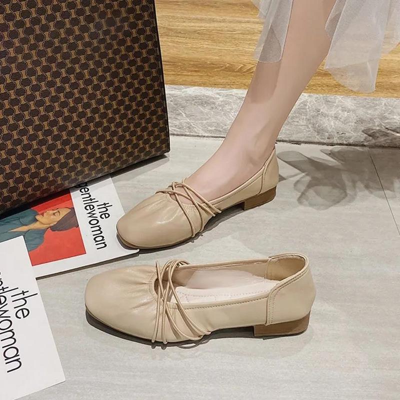 Soft Leather Peas Shoes Women's Single Shoes Wild Square Toe Elastic Buckle Women Low-heeled Leather Shoes Retro British Style