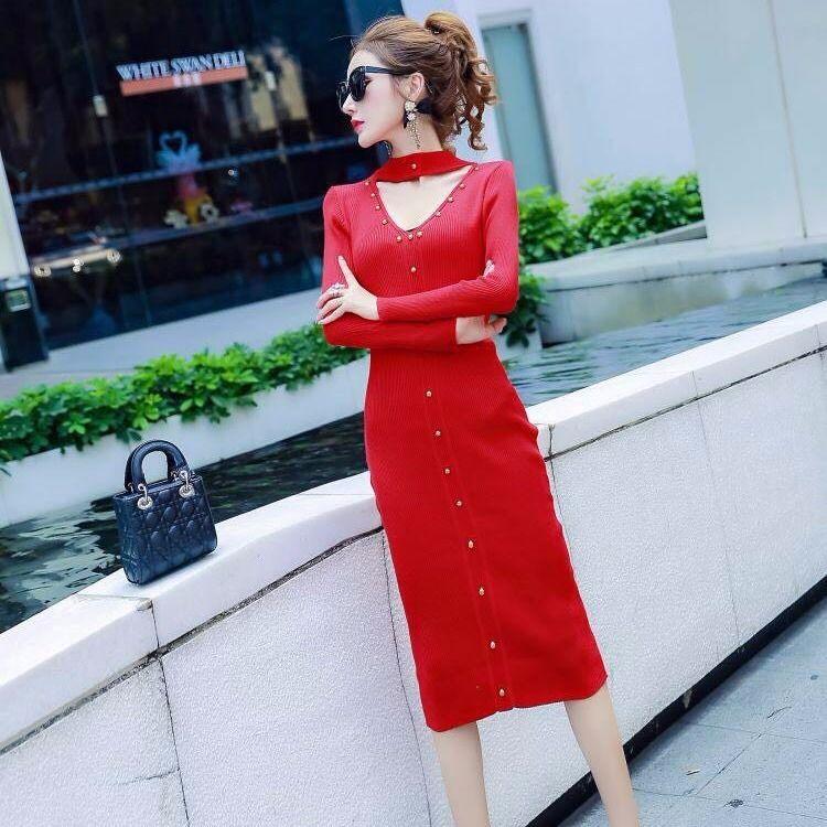 Autumn and Winter OL style Slim Long Knitted Dress Female Bag Hip Long-sleeved Knitted Sweater Bottoming Dress