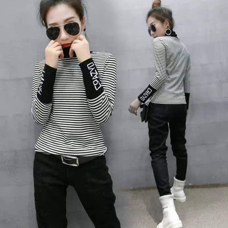 Black and white striped sweater women winter Turtleneck Pullovers long sleeve velvet thicken sweater