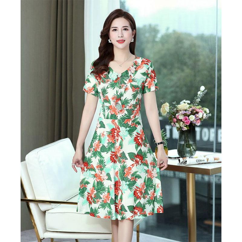 Women's Mid-length Skirt Floral Dress Middle-aged and Elderly Short-sleeved Large Size Loose and Thin Mother Long Skirt