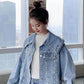 Loose Spring and Autumn Denim Jacket Women's Hong Kong Style Retro Beaded Cropped Top