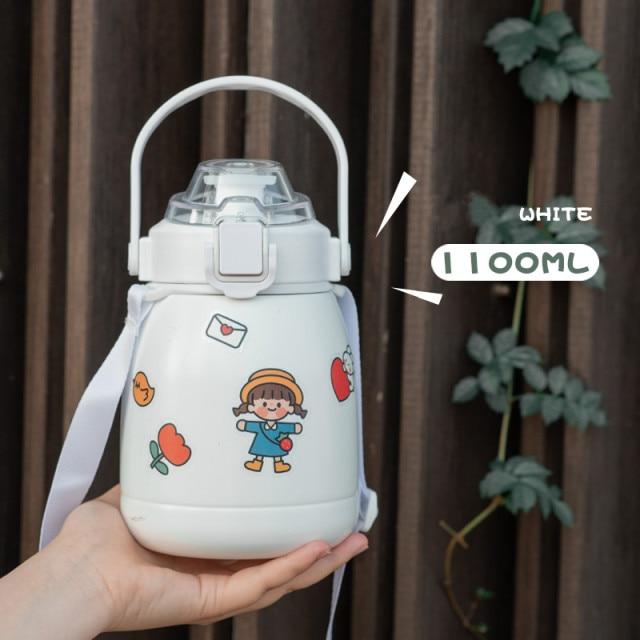 316 Stainless Steel Vacuum Flask Outdoor Water Bottle Cute Kids Tumbler with Straw Straps Handles Portable Thermos Cup for Girls
