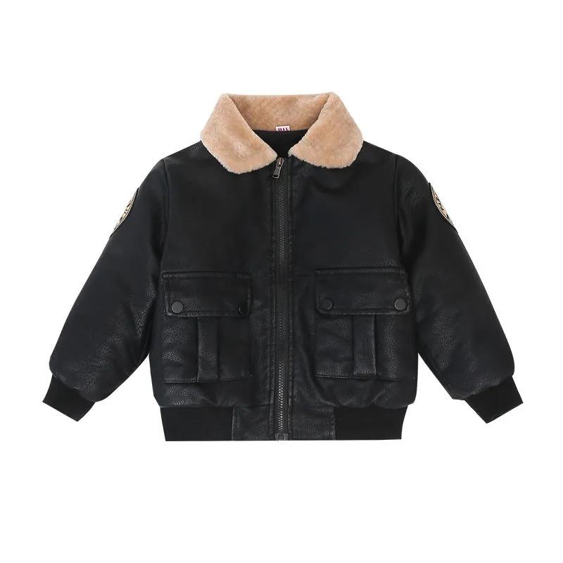 Plush Fleece Boy Leather Jacket Plus Fleece Thickening Children's Autumn and Winter Jacket Warm Coat Foreign-style Baby Coat