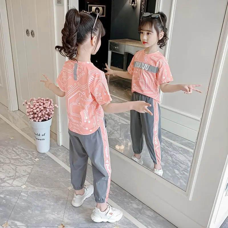 Girls Summer Casual Short-sleeved Suits Children's Sports Loose Sweatpants Sweat-absorbing Skin-friendly Soft Korean Children's Suits