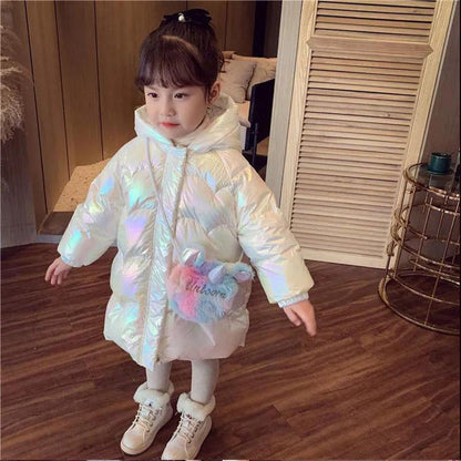Girls Mid-length Bright Cotton-padded Jacket Winter Clothes Children's Hooded Cartoon Angel Plus Velvet Thick Warm Down Jacket
