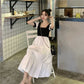 Women Summer Vintage Elegant Short Sleeve Square Neck Black White Patchwork Slim Long Pleated Dress