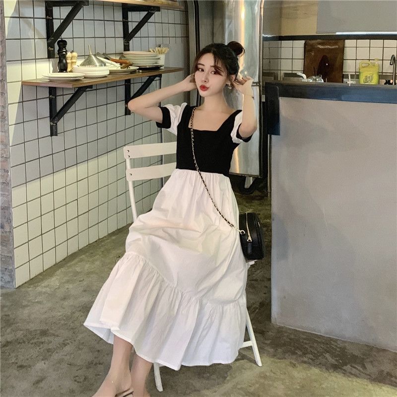 Women Summer Vintage Elegant Short Sleeve Square Neck Black White Patchwork Slim Long Pleated Dress