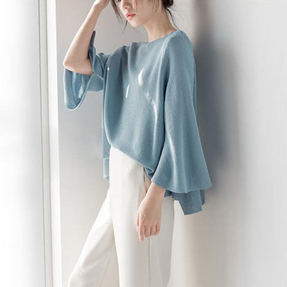 Knit Sweater Women Loose T-shirt Thin Spring, Summer and Autumn Trumpet Three-quarter Sleeves One-shoulder Top