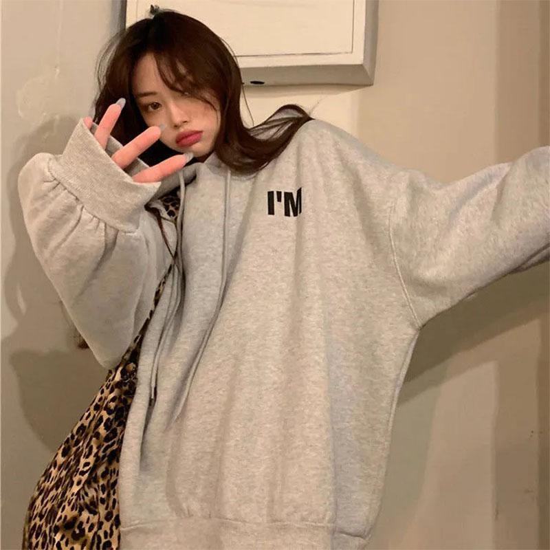 Women's Autumn and Winter Oversize Hooded Plus Velvet Thick Coat Korean Version of The Student Loose Top Ladies Ins Casual Sweater