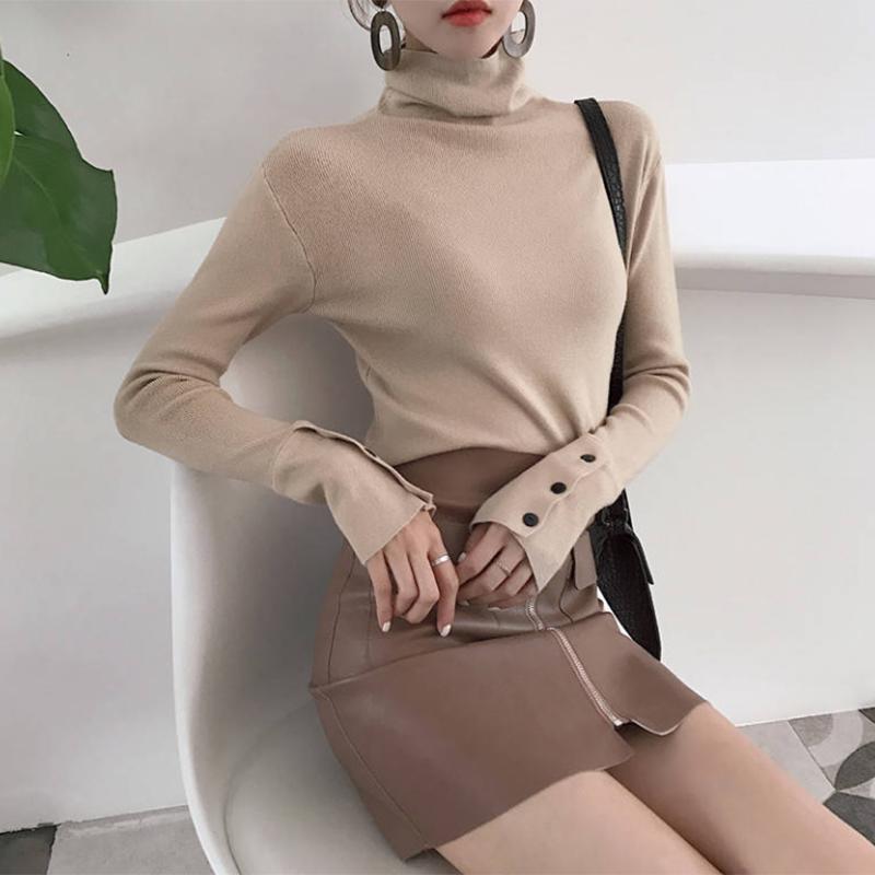 Pofulove Shirt Stacked Collar Black Long Sleeve Thicken Pullover Sweater Turtleneck Bottoming