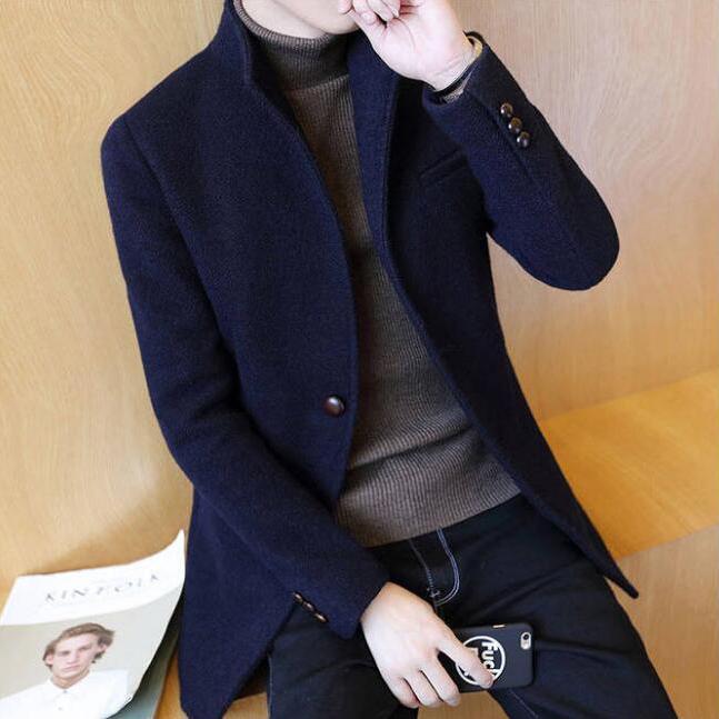 Men Winter Wool Coat Men's Jacket Solid Simple Blends Woolen Coat Male Trench Coat Casual Overcoat