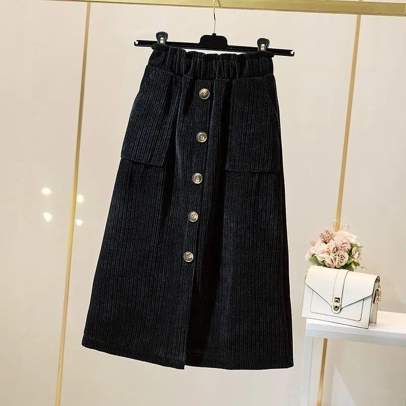 Autumn  Winter Thick Split Half-length Skirt Female Chenille High Waist A-line Skirt Plus Size Long Skirt with Pockets
