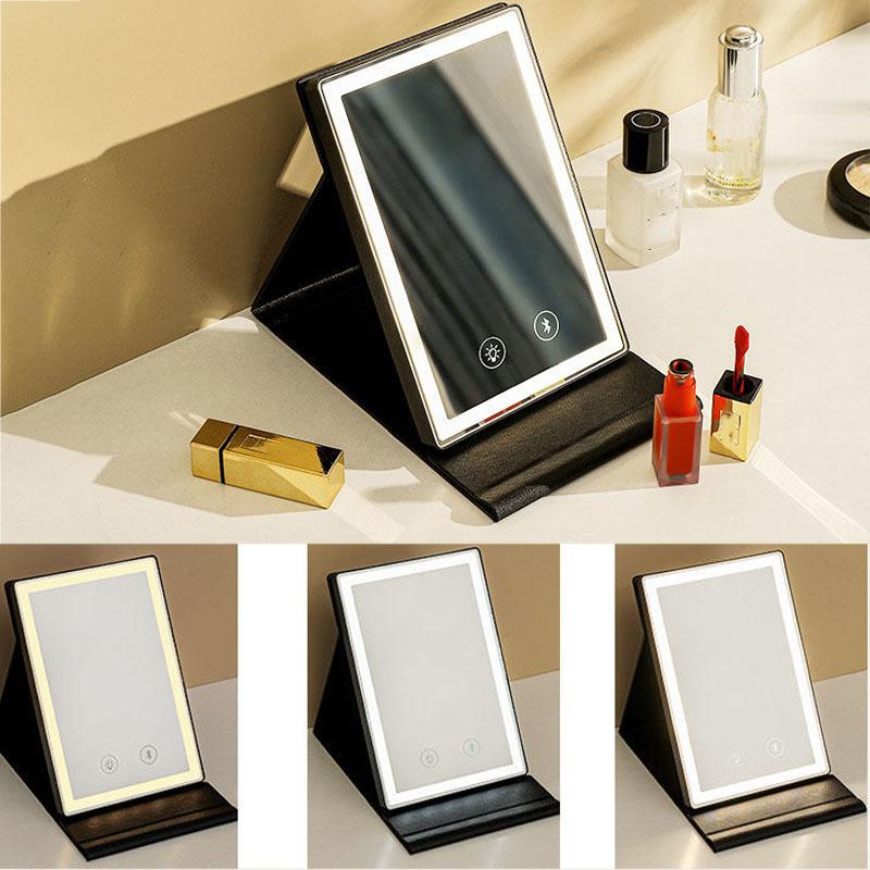 Ladies Professional LED Leather Bluetooth Makeup Mirror Portable Foldable Mirror and Speakers In One HD Mirror Touch Screen Control