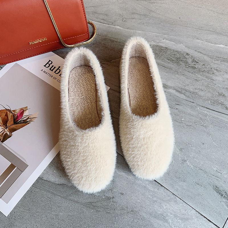 Shallow Mouth Peas Shoes Women Plus Velvet Autumn and Winter Shoes Moccasins Flat Bottom Plus Velvet One-pedal Plush Shoes Women