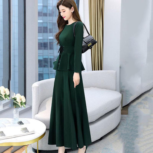 Suit Women's Spring and Autumn Dress Ladies Temperament Two-piece Set of Nine-point Wide-leg Pants + Round Neck Long-sleeved Top