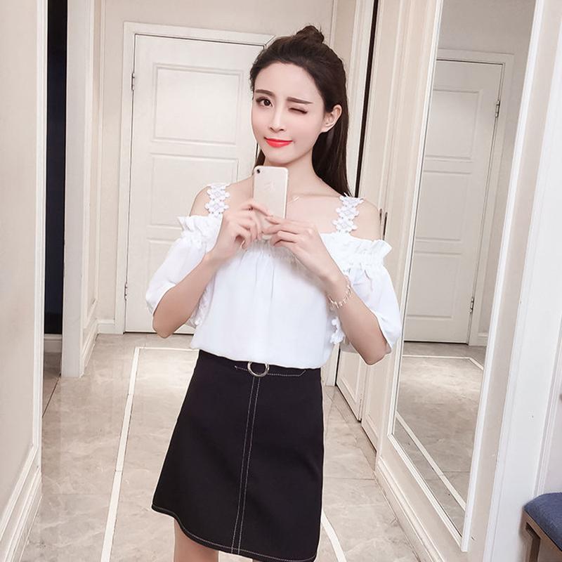 Women's Suspenders Short-sleeved White Blouse Small Shirt One-line Collar Off-the-shoulder Chiffon Shirt Bottoming Shirt Ladies Sweet Style Shirt