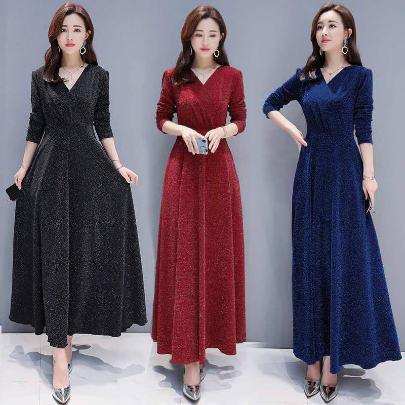 Women Elegant Bright Silk  Dress V-Neck Female Casual Solid Long Sleeve Pleated Vintage Dress