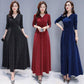 Real Shot V-neck Ladies Retro Elegant Retro Bright Silk Large Swing Long Knee Long Sleeve Dress