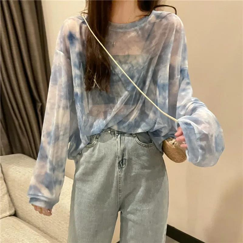 Fall Version of Tie dye Loose Simple Long-sleeved fall T-shirt Women Simple Pure color Bottoming Net yarn Blouse Tee