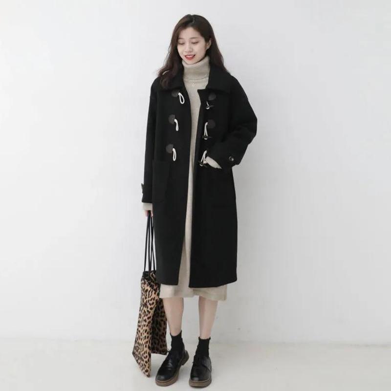 Retro Horn Button Woolen Coat Women's Mid-length 2021 Autumn and Winter Korean Style Thick Woolen Coat