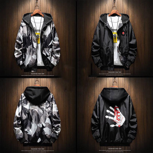 Autumn Men's Jackets Coats Male Casual Slim Stand Collar Print Bomber Jacket Both Sides To Wear