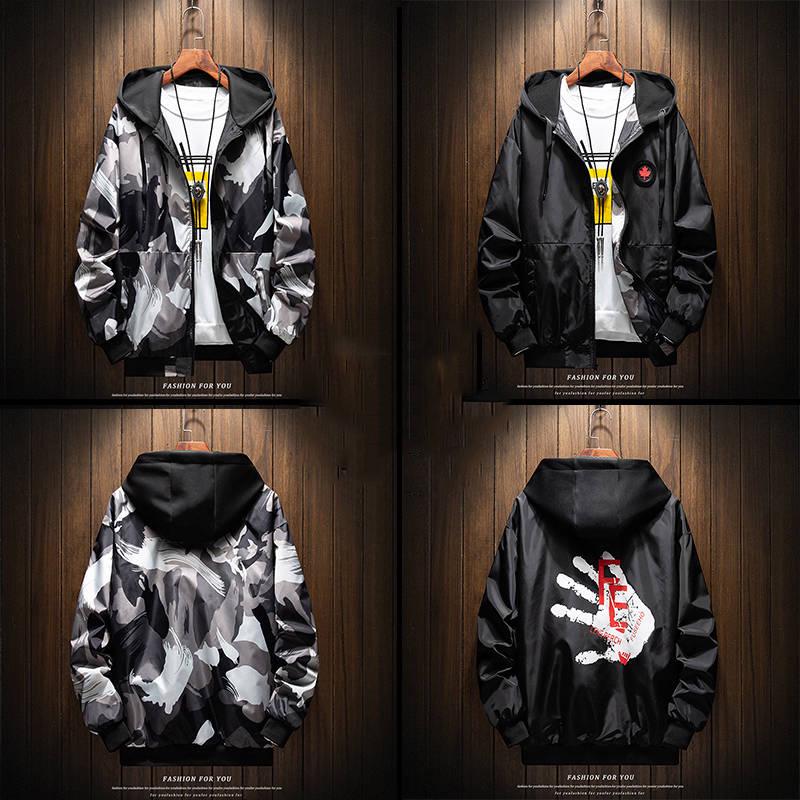 Autumn Men's Jackets Coats Male Casual Slim Stand Collar Print Bomber Jacket  Both Sides To Wear